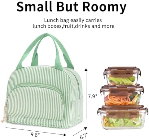 Lunch Bag Women Lunch Box for Women Adult Cute Insulated Lunch Bag Small Cooler Lunch Tote Bags for Work Picnic Travel (Green Stripes)