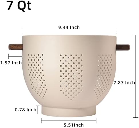 Metal Colander with Wood Handle and Stable Base, Powder Coated Steel Kitchen Strainer Basket for Draining Pasta, Vegetable and fruit(7quart,Sandyellow)