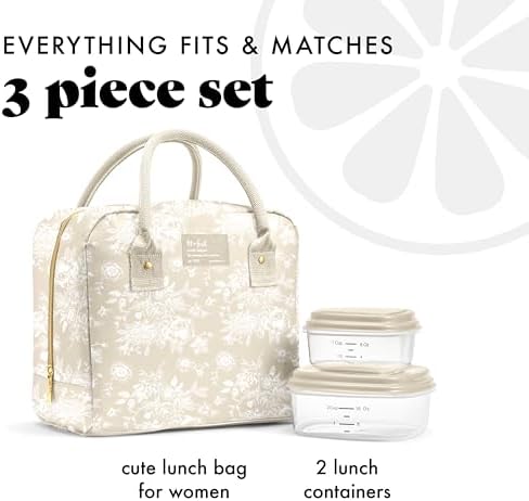 Fit & Fresh Bloomington Lunch Bag for Women - Insulated Large Lunch Box for Work with Containers, Leak-Resistant, Stain-Resistant, Zipper Closure, Tan Toile