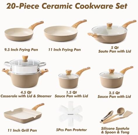 SENSARTE Ceramic Cookware Sets, Pots and Pans Set Nonstick, 20-Piece Induction Cookware, Non-toxic Healthy Non Stick Kitchen Cooking Set with Stay-Cool Handles, PFAS PTFE PFOA PFOS Free