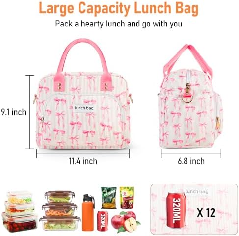 Lunch Bag Large Insulated Lunch Box for Women Adult Cute Pink Lunchbox Lunch Bags Boxes Pail with Shoulder Strap for Work Mom Picnic Office Travel 11.4×6.8×9.1 inches 11.5L (Pink Bow)