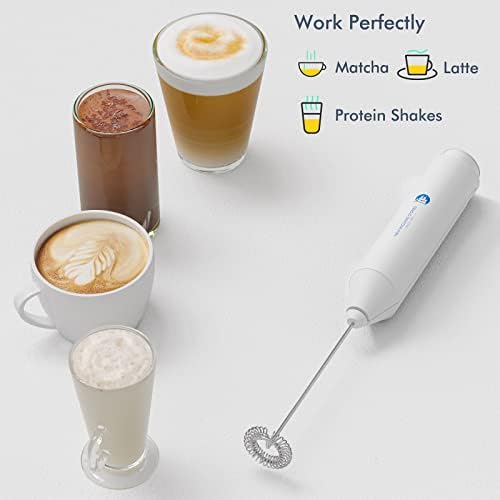 Powerful Milk Frother Handheld Foam Maker, Mini Whisk Drink Mixer for Coffee, Cappuccino, Latte, Matcha, Hot Chocolate, With Stand, White