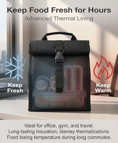 ZM-YOUTOO Insulated Foldable Lunch Bag- Lightweight Portable with Adjustable Shoulder Strap Lunch Box for Men, Women, Office, Work, Picnic, Hiking and Beach (Black(Soft Fabric))