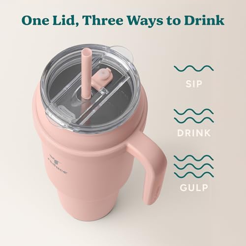 REDUCE 50 oz Stainless Steel Tumbler with Handle - Dual-Wall Vacuum Insulated Travel Mug, Sweat-Proof Lid & Reusable Straw - Keeps Drinks Cold for 24 Hrs, Fits Cupholders, Dishwasher Safe - Pink Clay