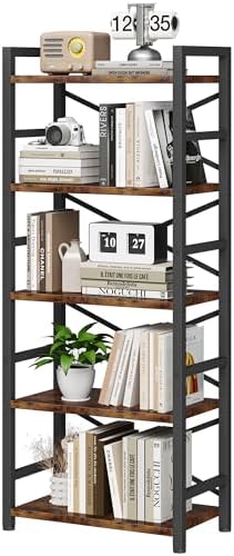Organization and Storage, 5 Tier Bookshelf, Tall Bookcase with Shelves, Wood and Metal Book Shelf Storage Organizer, Industrial Display Standing Shelf Unit for Bedroom, Living Room, Rustic Brown