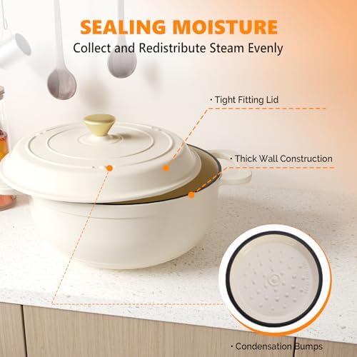 Bonnlo 7.5QT Round Dutch Oven, Enameled Cast Iron Dutch Oven Pot with Lid & Dual Handles, Oven Safe Up to 500° F, for Sourdough, Bread Baking, Stews and Roasting, White