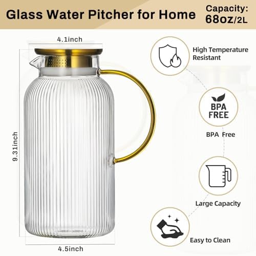Buaic 2 PACK Glass Pitcher with Lid, 68 oz Glass Carafe with Silicone Base