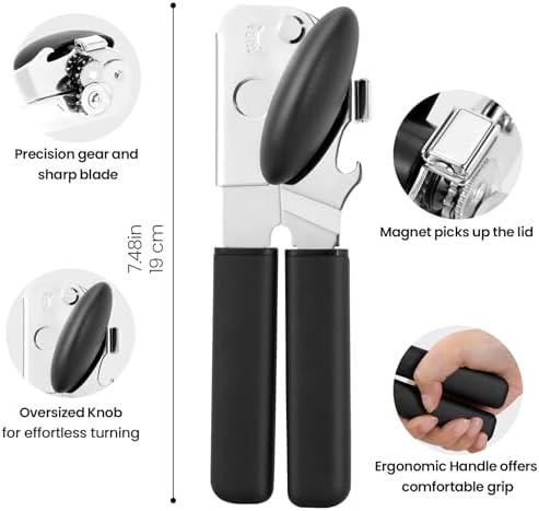Can Opener Manual with Magnet Lift, Heavy Duty Handheld Smooth Edge Can Tin Opener for Seniors, Durable Sharp Cutting Blade,Easy Turn Knob Multifunctional Bottle Opener