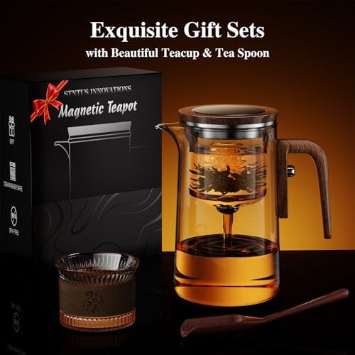 Enchanti Tea Pot, One Touch Glass Teapot with Infuser, Tea Maker for Loose Leaf Tea, Tea Gifts Set -27oz/800ml