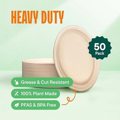 Stack Man 100% Compostable Oval Paper Plates [50-Pack] Heavy Duty [10 Inch] Eco-Friendly, Biodegradable Bagasse Dinner Platters - Natural Brown 10" Oval Plates (PFAS-Free) (BPI Certified)