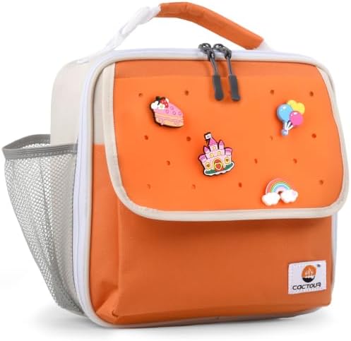 CaCTOUR Lunch Box Kids,Fun Color Lunch Box for Girls,Large Soft Cooler Lunch Bag for Kids,Back to School Thermal Insulated Lunch Tote Bag for School Daycare Outdoor (Orange Beige)