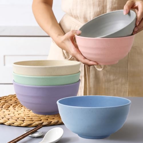 Large Soup Bowls 60oz, Unbreakable & Stackable Wheat Straw Bowls Sets of 6, Large Serving Bowl for Ramen, Popcorn, Salad, Pho, Microwave Safe Kitchen Bowls for Camping, Dorm, Party - Colorful