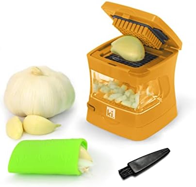 Garlic-A-Peel Garlic Press, Crusher, Cutter, Mincer, and Storage Container - Includes Silicone Garlic Peeler - Easy to Clean - Stainless Steel Blades – (Honey), standard