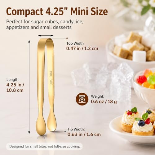 Mini Serving Tongs Set of 8, 4.25" Gold Stainless Steel Spoon Design