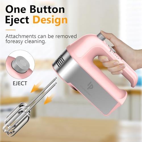 Hand Mixer Electric, 450W Kitchen Mixers with Scale Cup Storage Case, Turbo Boost/Self-Control Speed + 5 Speed + Eject Button + 5 Stainless Steel Accessories, For Easy Whipping Dough, Cream, Pink