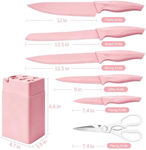 Pink Knife Set,7-Piece Kitchen Knife Block Set, Kitchen Knife Set
