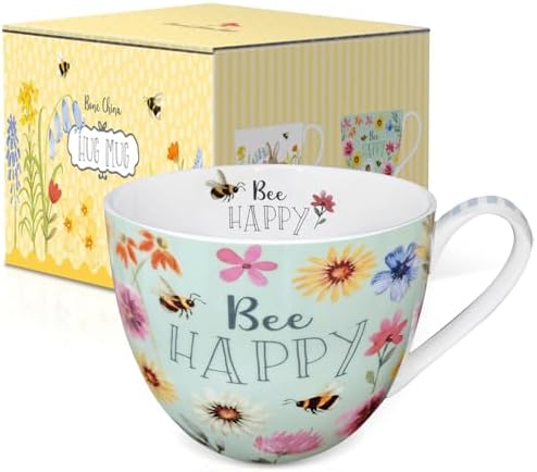 20 oz Bees & Flowers Coffee Hug Mug,“Be Happy” Designed to Spread Joy, Premium Bone China, Best Gifts for Mom Women Mothers Day, Designed in England by Harvest Green Studio