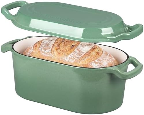 VORRINGARD Oval Dutch Oven Pot with Lid, Enamel Coating Cast Iron Bread Pans for Homemade Sourdough Bread Baking, Cooking, 4 Quart, Sage Green