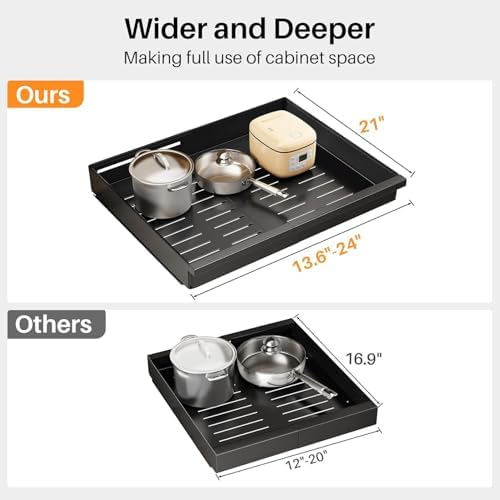 Pull out Cabinet Organizer, 4-Pack Expandable(13.6"-24") Silde out Drawers with Raising Pad for Framed Cabinets, Adjustable Full-Extension Roll out Shelves for Kitchen Pantry Home Pot and Pan(Black)