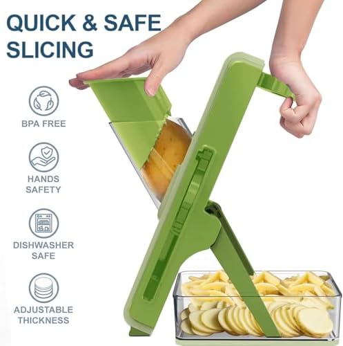 Eletronova Safe Mandoline Slicer for Kitchen, Vegetable Slicer with Container, French Fry Cutter, All in 1 Julienne Slicer for Potato, Thickness Adjustable, Detachable Blade (Green)