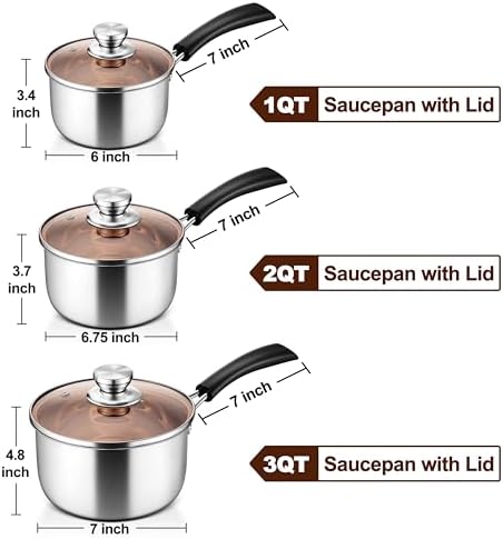 LIANYU 18/10 Stainless Steel Sauce Pan with Lid, 1 & 2 & 3QT Sauce Pot Set