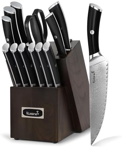 KUISINE 14-Piece Damascus Knife Set with Block, Ultra Sharp