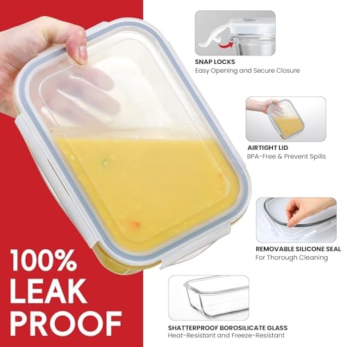 4 Pack 8 Cups/ 63oz Large Glass Storage Containers with Lids, Meal Prep Containers, Glass Food Storage with Airtight Lid for Baking, Leak Proof & Microwave, Oven Safe (4 Containers + 4 Lids)