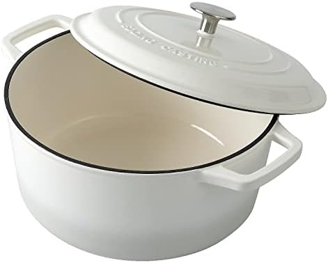 EDGING CASTING Enameled Cast Iron Dutch Oven Pot With Lid, Dutch Oven for Sourdough Bread Baking Round Pot Dule Handle, 6 Quart, White