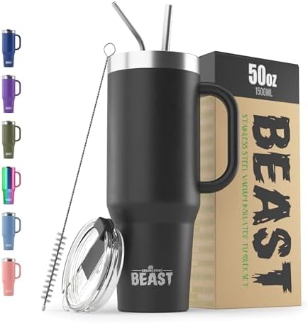 50oz Tumbler with Handle and Straw - Large Insulated Travel Mug for Water, Hot and Iced Coffee - Leak Resistant Stainless Steel Insulated Tumbler with Lid - Gifts for Mom, Women and Men (Matte Black)
