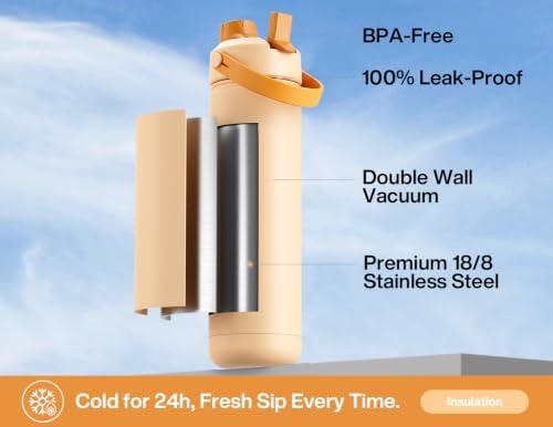 POWCAN 26 oz Insulated Water Bottle with 2-in-1 Straw and Spout Lid, Keep Cold 24H, Leak-Proof, Fits in Car Cup Holder, Stainless Steel Water Bottle for Sports, Travel, and School (Orange)