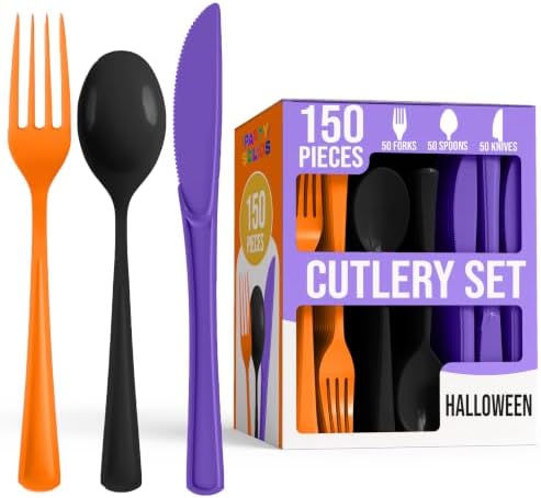 Party Solids Halloween Plastic Silverware Heavy Duty 150 Pieces Halloween Plastic Cutlery Sets Utensil Sets 50 of Each Forks Knives & Spoons Disposable Cutlery Set Flatware Set for Party Supplies