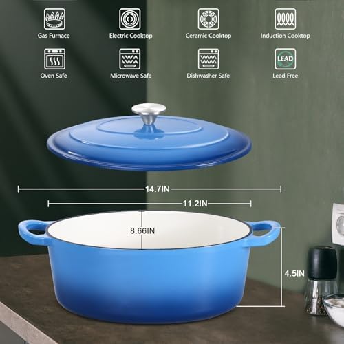 Leonyo 5-Quart Enameled Cast Iron Oval Dutch Oven Pot with Lid, Blue