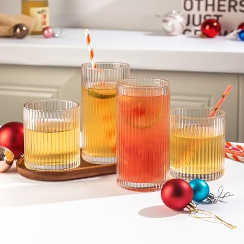 Ribbed Drinking Glasses 4pcs, 12oz and 10oz Glassware, Tumbler Glasses Cup Set for Wedding, Party, Christmas Gift, Clear