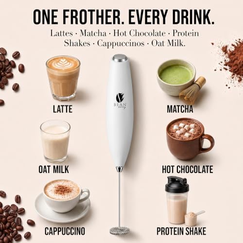 Bean Envy Milk Frother Handheld - Coffee Mixer Wand with Stand - White