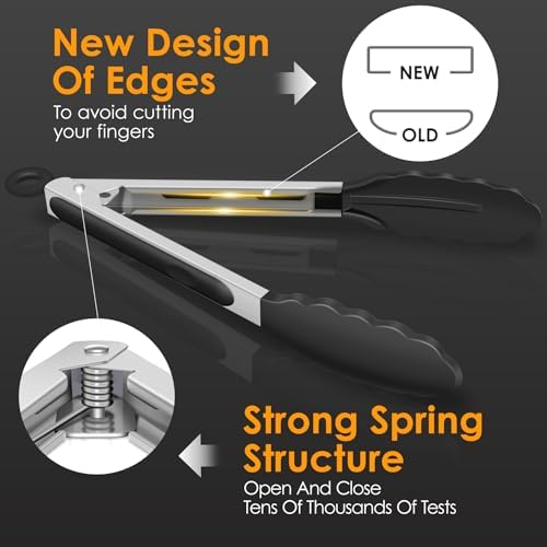 HOTEC Premium Kitchen Tongs, 7 & 9 Inch, Stainless Steel, Black, Set of 2