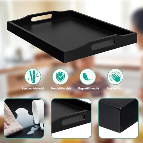 RRX Bamboo Food Serving Tray with Handles,Breakfast Bed Tray (Black)