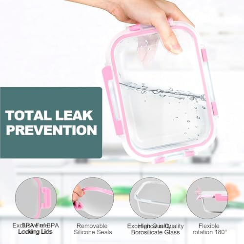 VERONES 10 PACK Glass Meal Prep Containers Set with Lids, Pink