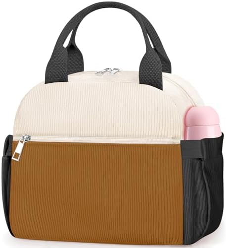 KUBYA Lunch Box for Women, Cute Grids Corduroy Insulated Lunch Bag Women Reusable Work Simple Adults Large Lunch Boxes Tote Bag Men Cooler Bag