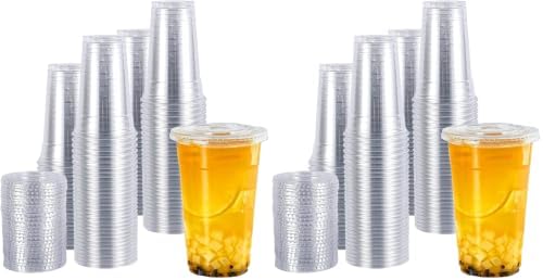 TashiBox plastic cups with lids [24 oz 100cups&100flat lids],Clear Crystal disposable plastic cups,smoothie cups (Pack of 2)
