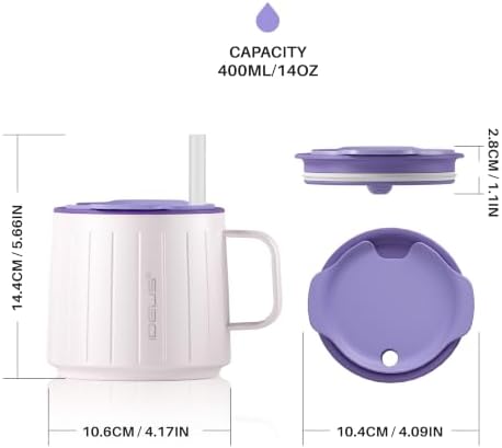 Ideus 14 oz Insulated Coffee Mug with Lid and Straw (Violet, FUJI NOVA)