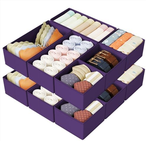 DIMJ Drawer Organizers Clothes, Set of 12 Dresser Organizer Bins, Fabric Closet Organizers and Storage, Shallow Drawer Dividers for Nursery, Clothing, Baby Clothes, Socks, Underwears, Tie (Purple)
