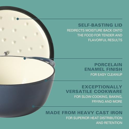 Gibson Home Addlestone 2.65 Qt Enameled Cast Iron Dutch Oven Pot with Lid – Round, Oven Safe to 500°F, Ideal for Bread Baking & Stews - Gradient Navy Blue