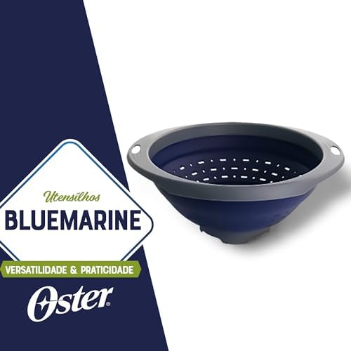 Oster Bluemarine 10-Inch Foldable Strainer – Collapsible Colander for Pasta, Vegetables, Fruits, Space-Saving Kitchen Tool, Blue/Grey Dishwasher Safe
