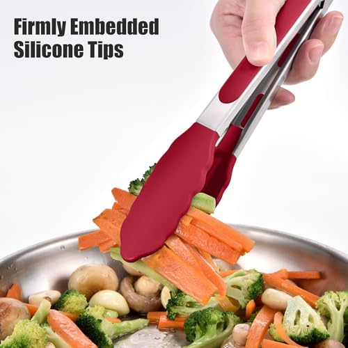 Doosu Kitchen Tongs with Silicone Tips for Cooking Serving (9in, Red)