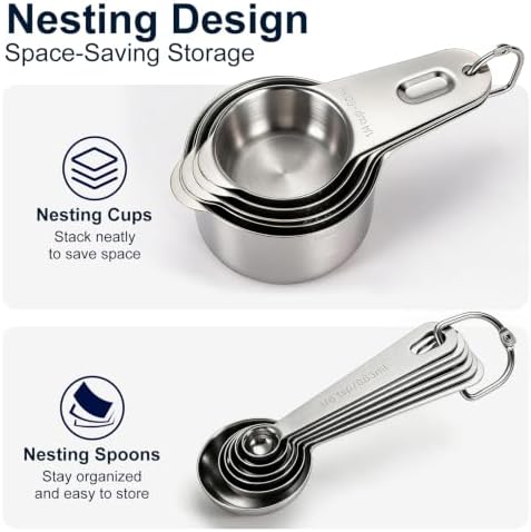 Bopei 14-Piece 18/8 Stainless Steel Measuring Cups and Spoons Set, Silver