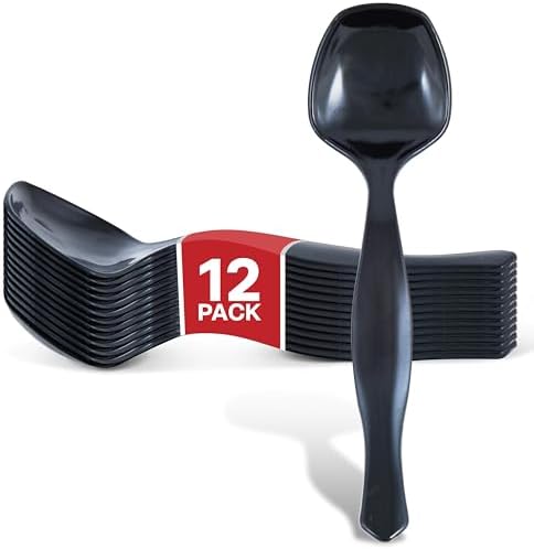 12 Count Disposable Black Plastic Serving Utensils for Catering, Weddings, Holiday Parties and More, Large Plastic Spoons for Buffet, Stock Your Home