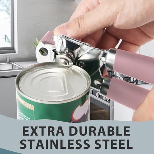 Safring Can Opener Manual, Heavy Duty Handheld Strong Can Opener with Soft Touch Handle, Sharp Blade Smooth Edge, Can Openers with Multifunctional Bottle Opener, Pink