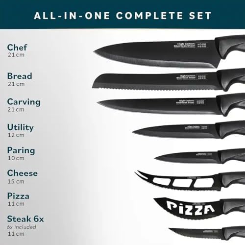 Home Hero Kitchen Knife Set - High Carbon Stainless Steel Blades & Built-In Sharpener - Ergonomic Handles & Cutlery Block Storage - Precision Cooking Prep with Chef Knife - 20 Pc, Black