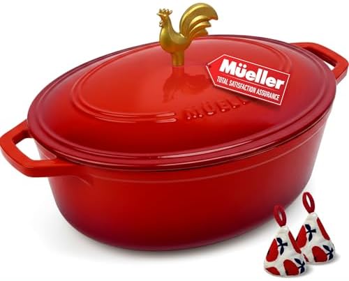 MUELLER HOME 5.5 Quart Enameled Cast Iron Oval Dutch Oven w Rooster Knob & Cotton Potholders, Heavy-Duty Cookware, Oven-Safe up to 500° F & Across All Cooktops, Gifts for Grandma & Women, Red