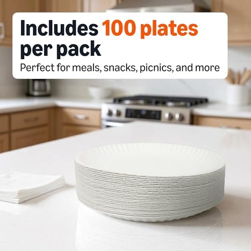 Amazon Basics 9" Uncoated White Paper Plates 2 Pack (200 count)